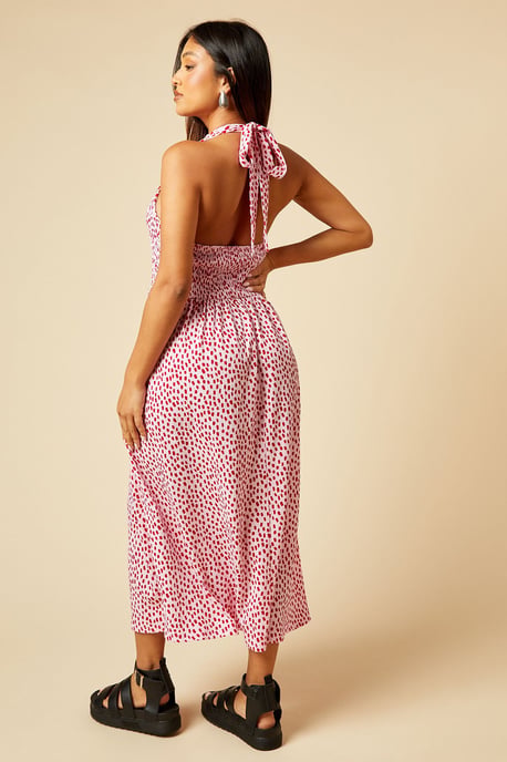 Petite Pink Spot Shirred Bodice Halterneck Midi Dress - Image 3