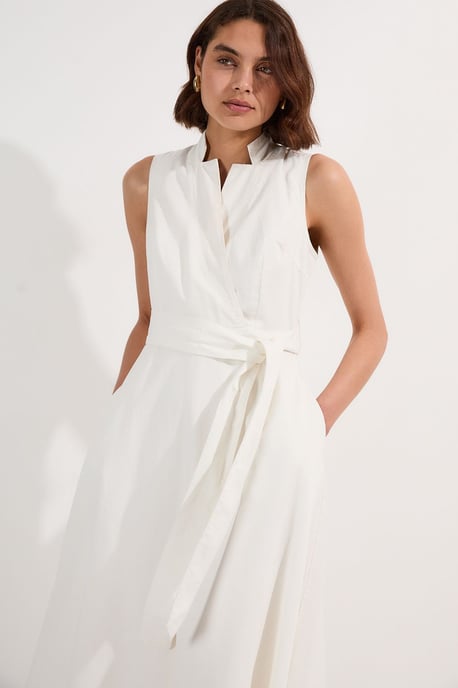 Denim Tailored Notch Neck Belted Fluid Midi Dress - Image 2