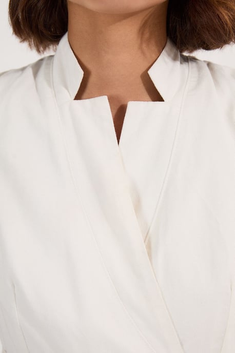 Denim Tailored Notch Neck Belted Fluid Midi Dress - Image 3