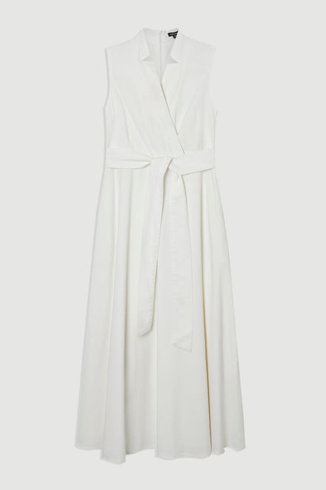Denim Tailored Notch Neck Belted Fluid Midi Dress - Image 4