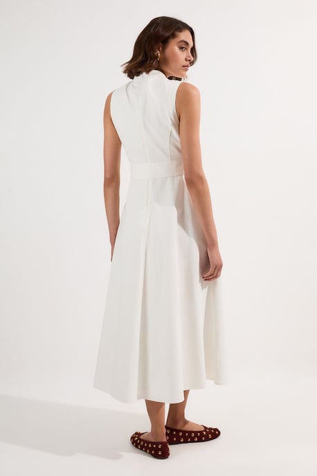Denim Tailored Notch Neck Belted Fluid Midi Dress - Image 5