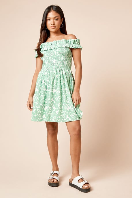 Petite Green Floral Shirred Bodice Bardot Mini Dress - Image 2