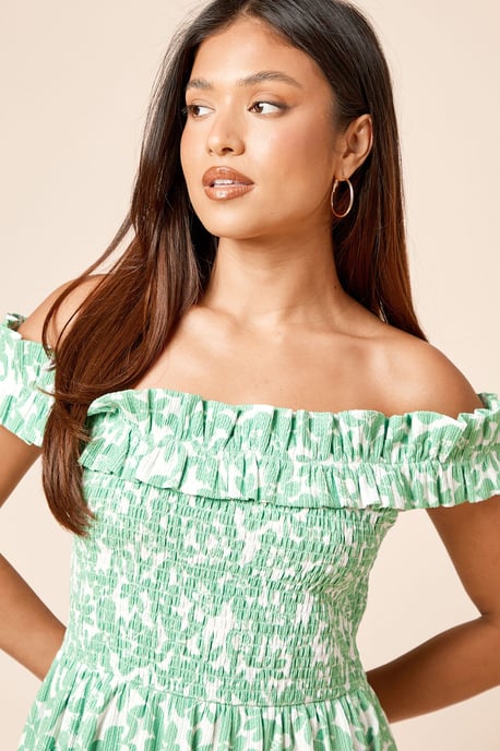 Petite Green Floral Shirred Bodice Bardot Mini Dress - Image 4