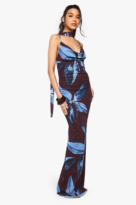 Floral Printed Mesh Scarf Detail Maxi Dress - Image 1