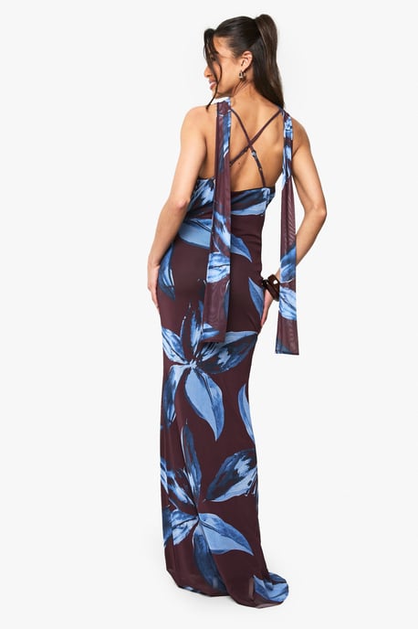 Floral Printed Mesh Scarf Detail Maxi Dress - Image 2