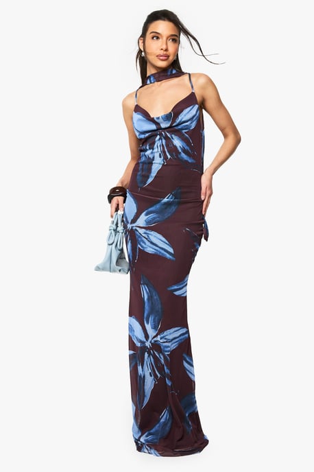 Floral Printed Mesh Scarf Detail Maxi Dress - Image 3
