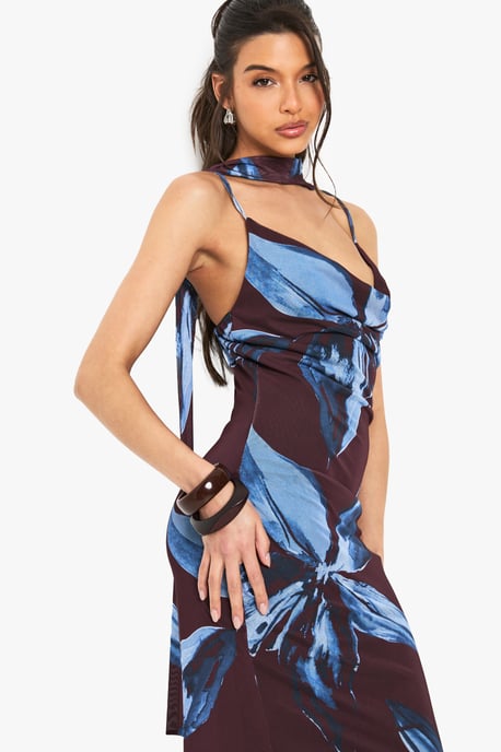 Floral Printed Mesh Scarf Detail Maxi Dress - Image 4
