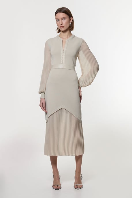 Woven Sleeved Pleated Dress With Pu - Image 2