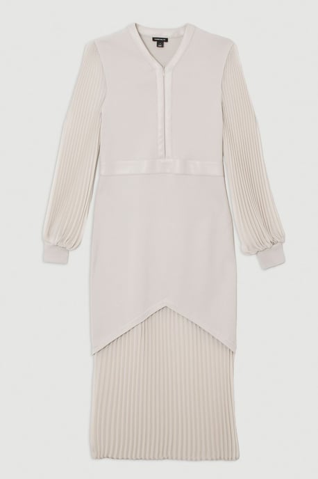 Woven Sleeved Pleated Dress With Pu - Image 4