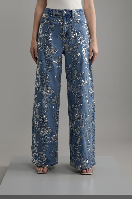 Denim All Over Floral Sequin Wide Leg Trousers - Image 2