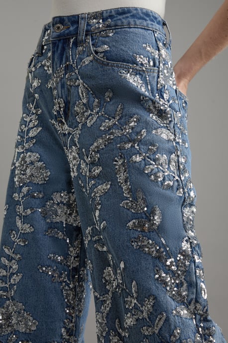Denim All Over Floral Sequin Wide Leg Trousers - Image 3