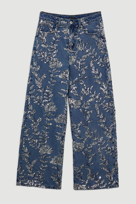 Denim All Over Floral Sequin Wide Leg Trousers - Image 4