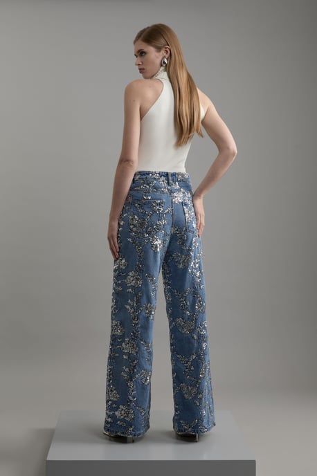 Denim All Over Floral Sequin Wide Leg Trousers - Image 5