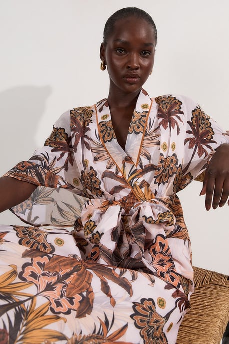 Abstract Print Cotton Kimono Sleeve Woven Maxi Dress - Image 1