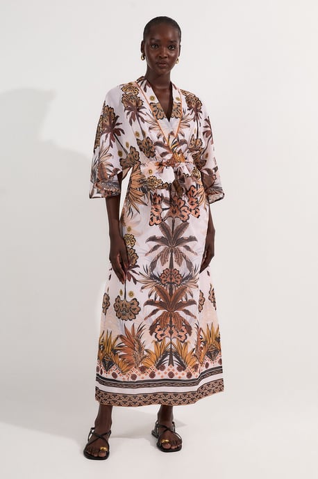Abstract Print Cotton Kimono Sleeve Woven Maxi Dress - Image 2