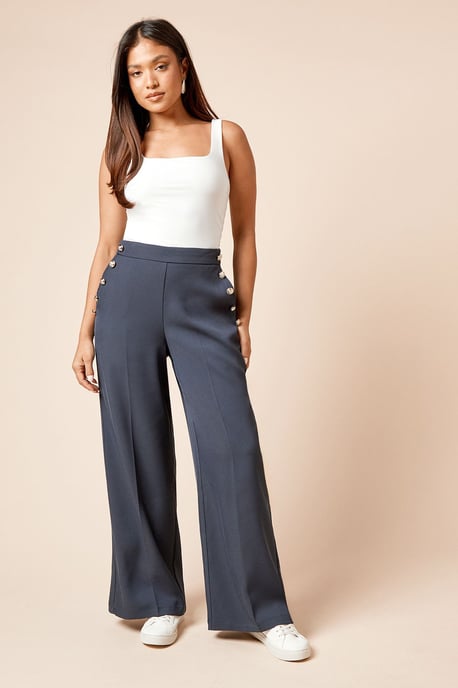 Petite Military Button Detail Wide Leg Trouser - Image 2