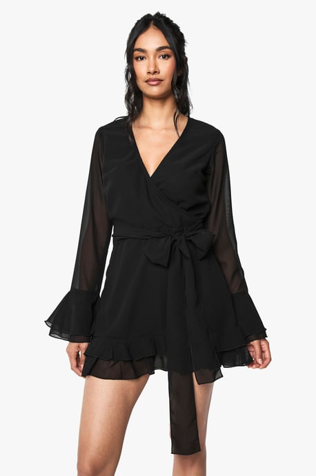 Flare Sleeve Chiffon Wrap Mini Dress - Image 1