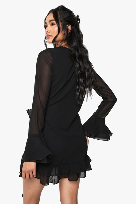 Flare Sleeve Chiffon Wrap Mini Dress - Image 2