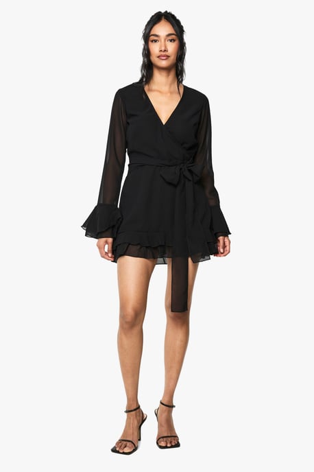 Flare Sleeve Chiffon Wrap Mini Dress - Image 3