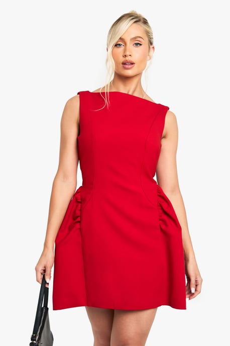 Slash Neck Full Skirt Mini Dress - Image 1
