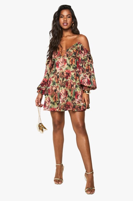 Floral Printed Chiffon Cold Shoulder Layered Mini Dress - Image 3