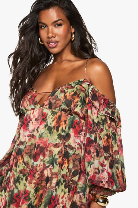 Floral Printed Chiffon Cold Shoulder Layered Mini Dress - Image 4
