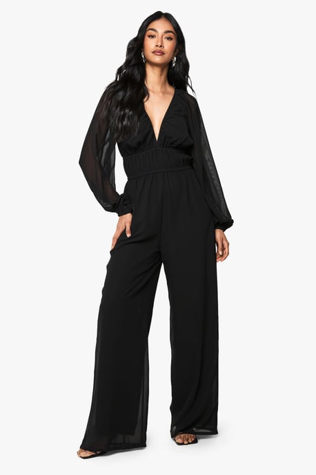 Chiffon V Neck Ruched Wide Leg Jumpsuit - Image 1