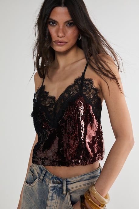 Sequin Contrast Lace Trim Cami Top - Image 1