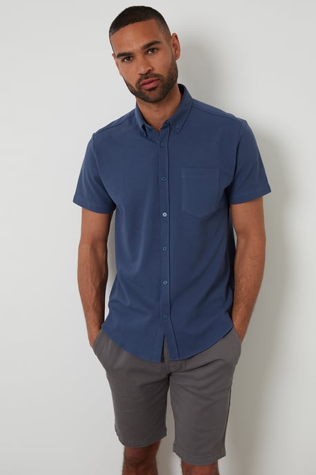 Blue Cotton Pique Short Sleeve Shirt - Image 1