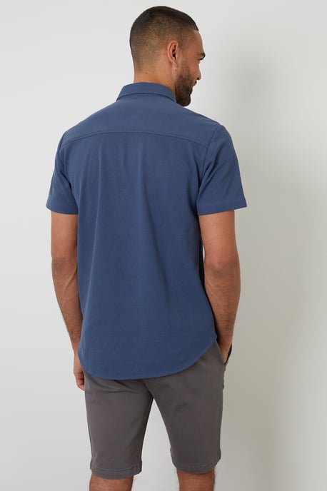 Blue Cotton Pique Short Sleeve Shirt - Image 2