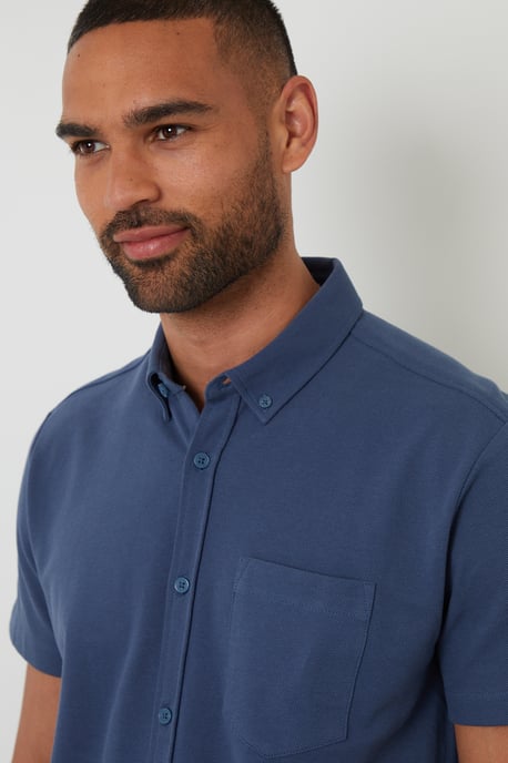 Blue Cotton Pique Short Sleeve Shirt - Image 4