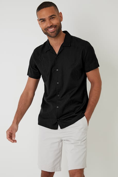 Black Cotton Leaf Embroidered Shirt With Linen - Image 1