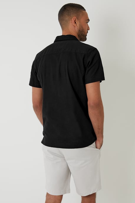 Black Cotton Leaf Embroidered Shirt With Linen - Image 2