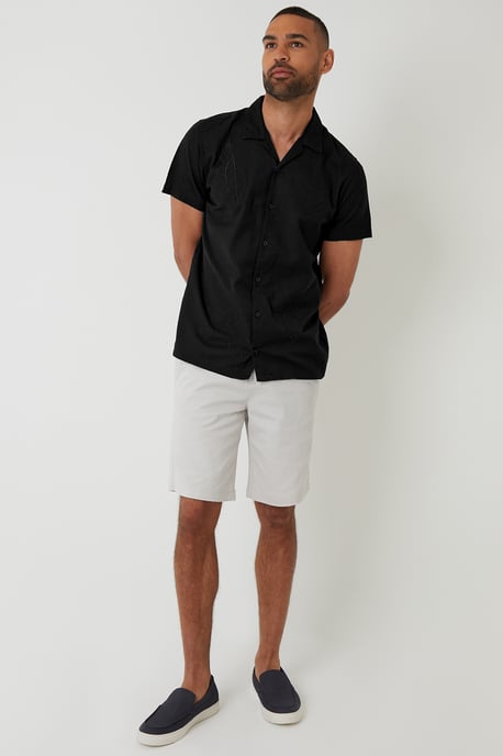 Black Cotton Leaf Embroidered Shirt With Linen - Image 3