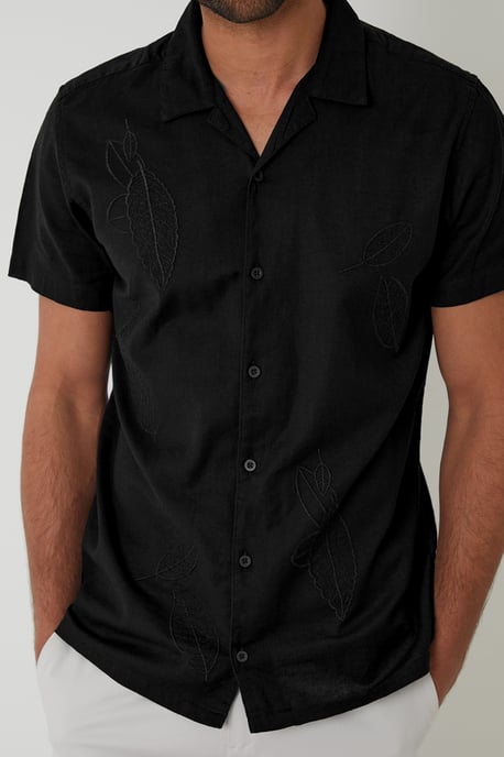 Black Cotton Leaf Embroidered Shirt With Linen - Image 4