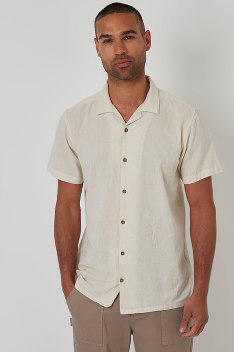 Ecru Linen Blend Palm Embroidered Short Sleeve Shirt - Image 1
