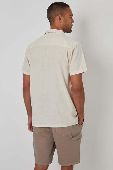 Ecru Linen Blend Palm Embroidered Short Sleeve Shirt - Image 2