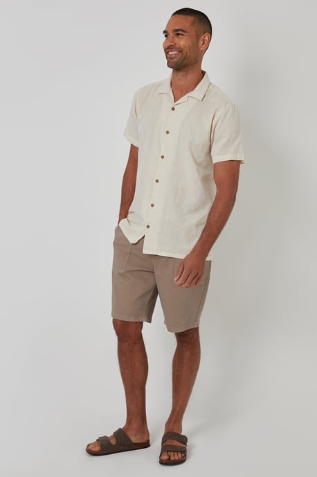 Ecru Linen Blend Palm Embroidered Short Sleeve Shirt - Image 3