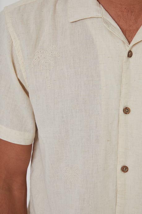 Ecru Linen Blend Palm Embroidered Short Sleeve Shirt - Image 4