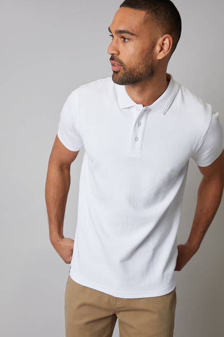 White Textured Cotton Short Sleeve Polo Shirt - Image 1