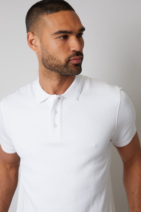 White Textured Cotton Short Sleeve Polo Shirt - Image 4