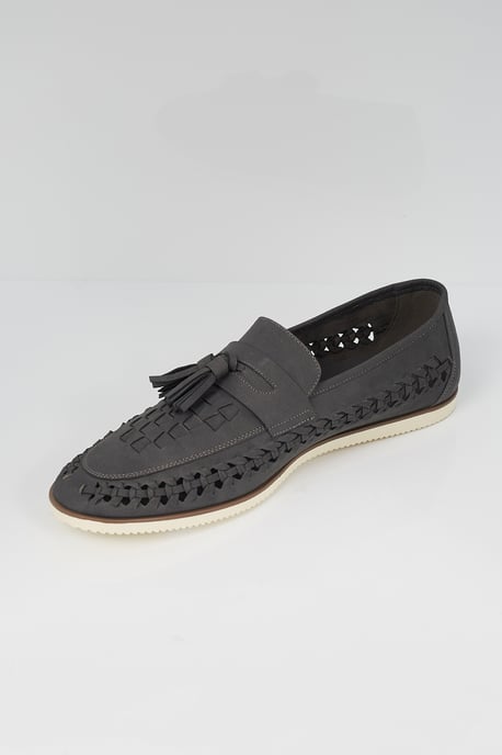 Grey Faux Leather Woven Loafers - Image 2