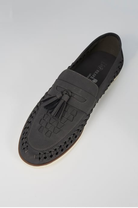 Grey Faux Leather Woven Loafers - Image 3