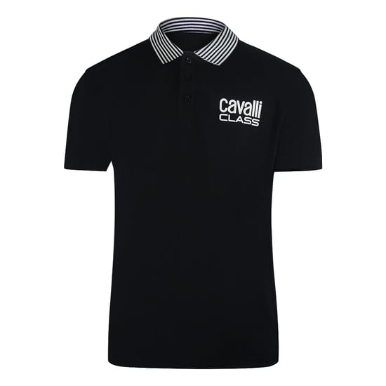 Cavalli Class Striped Collar Black Polo Shirt - Image 1