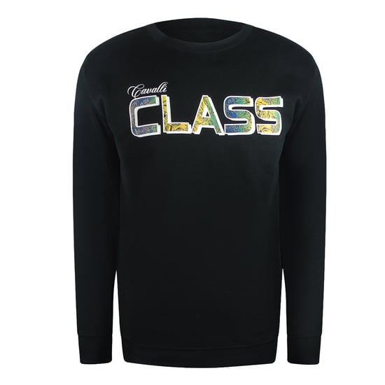 Cavalli Class Vibrant Floral Logo Black Round Neck Sweatshirt - Image 1