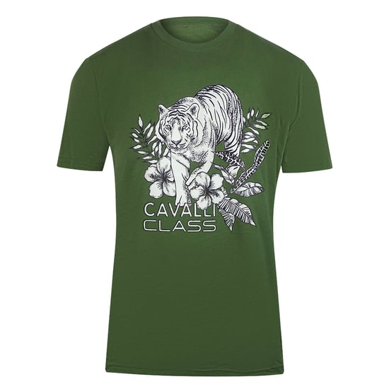 Cavalli Class Tiger Floral Logo Military Green T-shirt - Image 1
