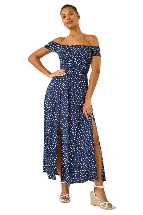 Spot Print Bardot Shirred Maxi Dress - Image 2