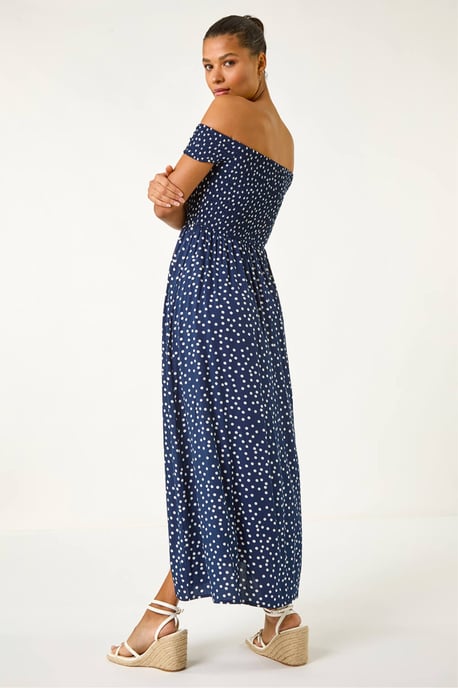 Spot Print Bardot Shirred Maxi Dress - Image 4