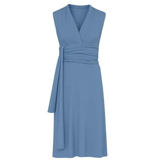 Dusty Light Blue Sleeveless Jersey Dress with Waist Tie in Viscose and Elastane - Image 1