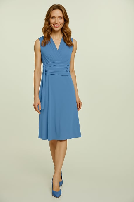 Dusty Light Blue Sleeveless Jersey Dress with Waist Tie in Viscose and Elastane - Image 2